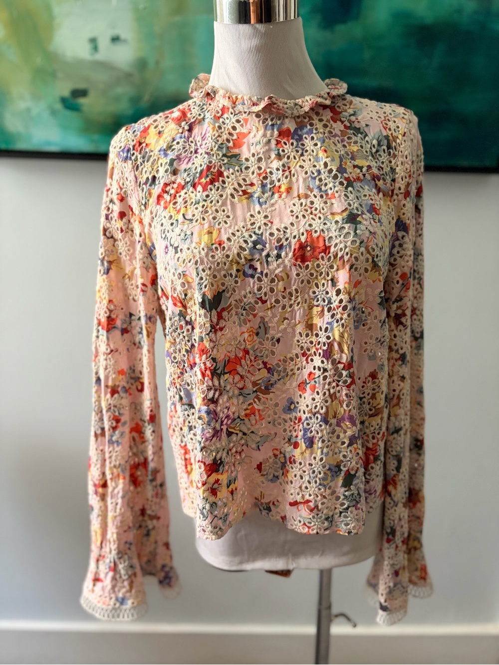 Endless Rose Floral Eyelet High-Neck Blouse - Multi Pink